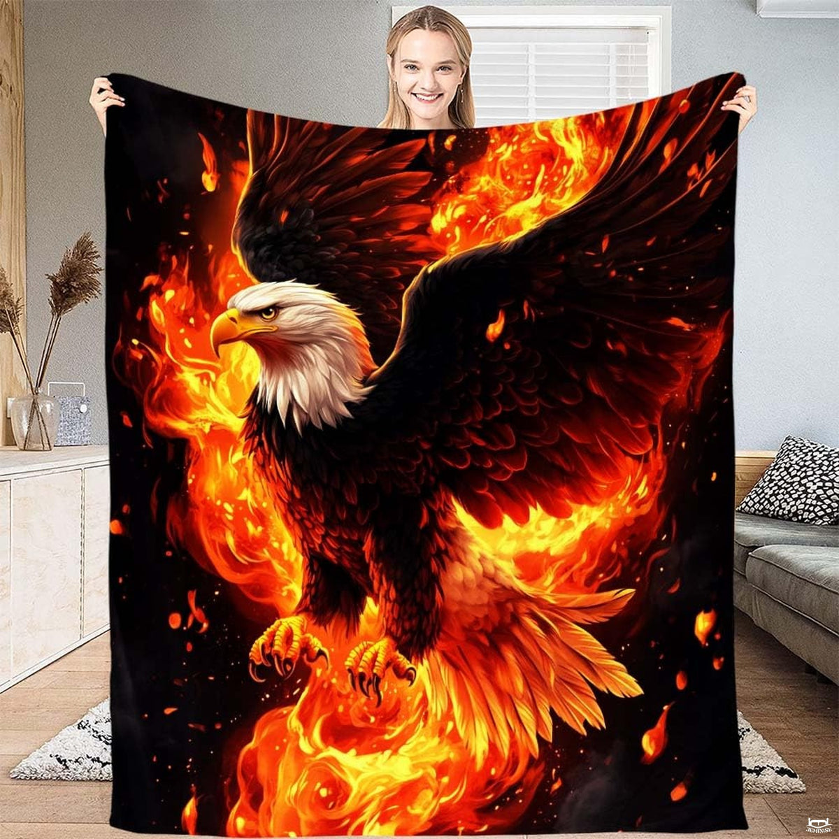 Fiery phoenix bald eagle rising from blazing flames and embers throw blanket