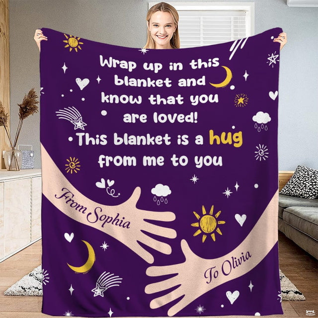 Deep purple starry bedroom bedding set featuring celestial moons, golden suns, and an illustrated embrace motif.