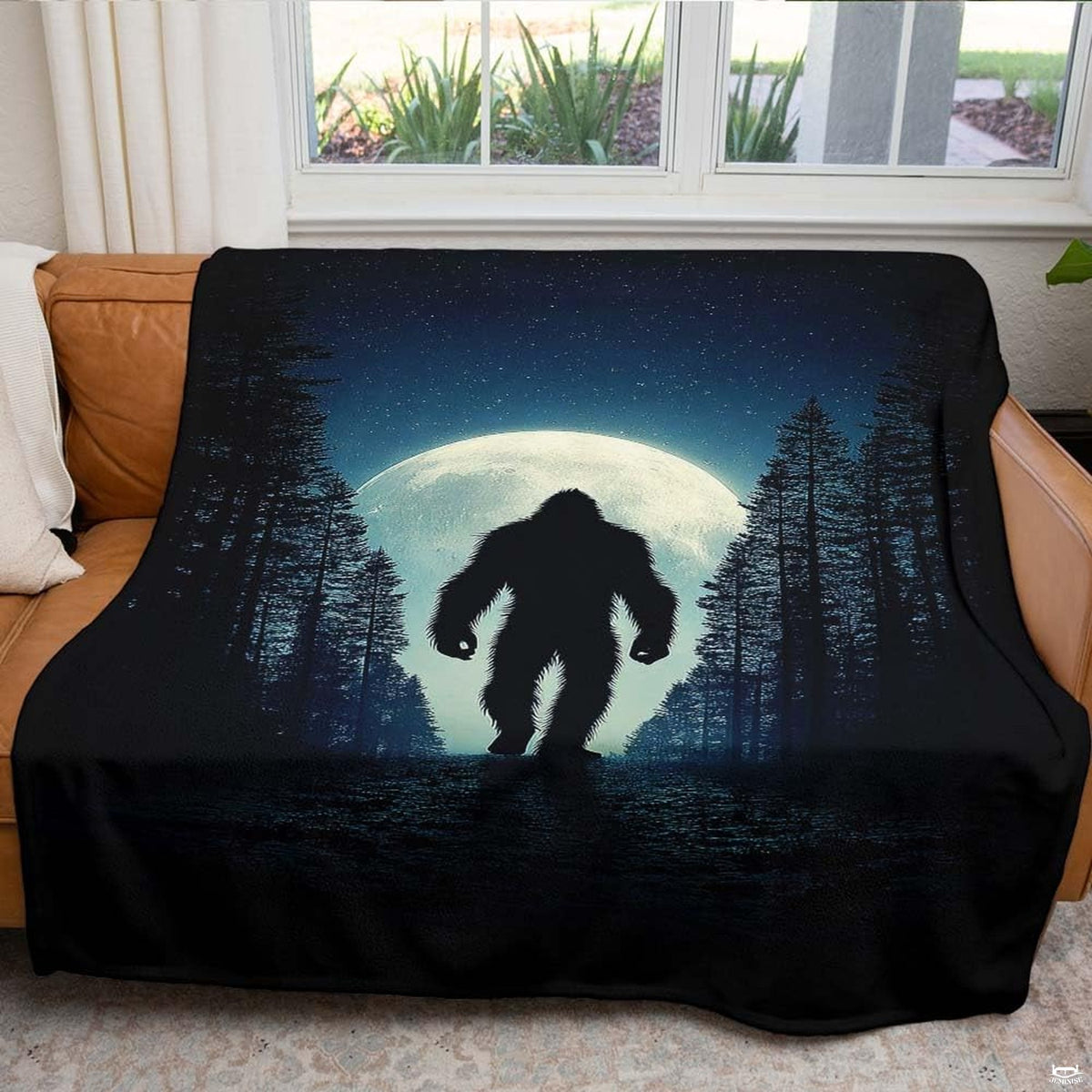 Detailed view of pine tree silhouettes, starlit night sky, and finished blanket edges.