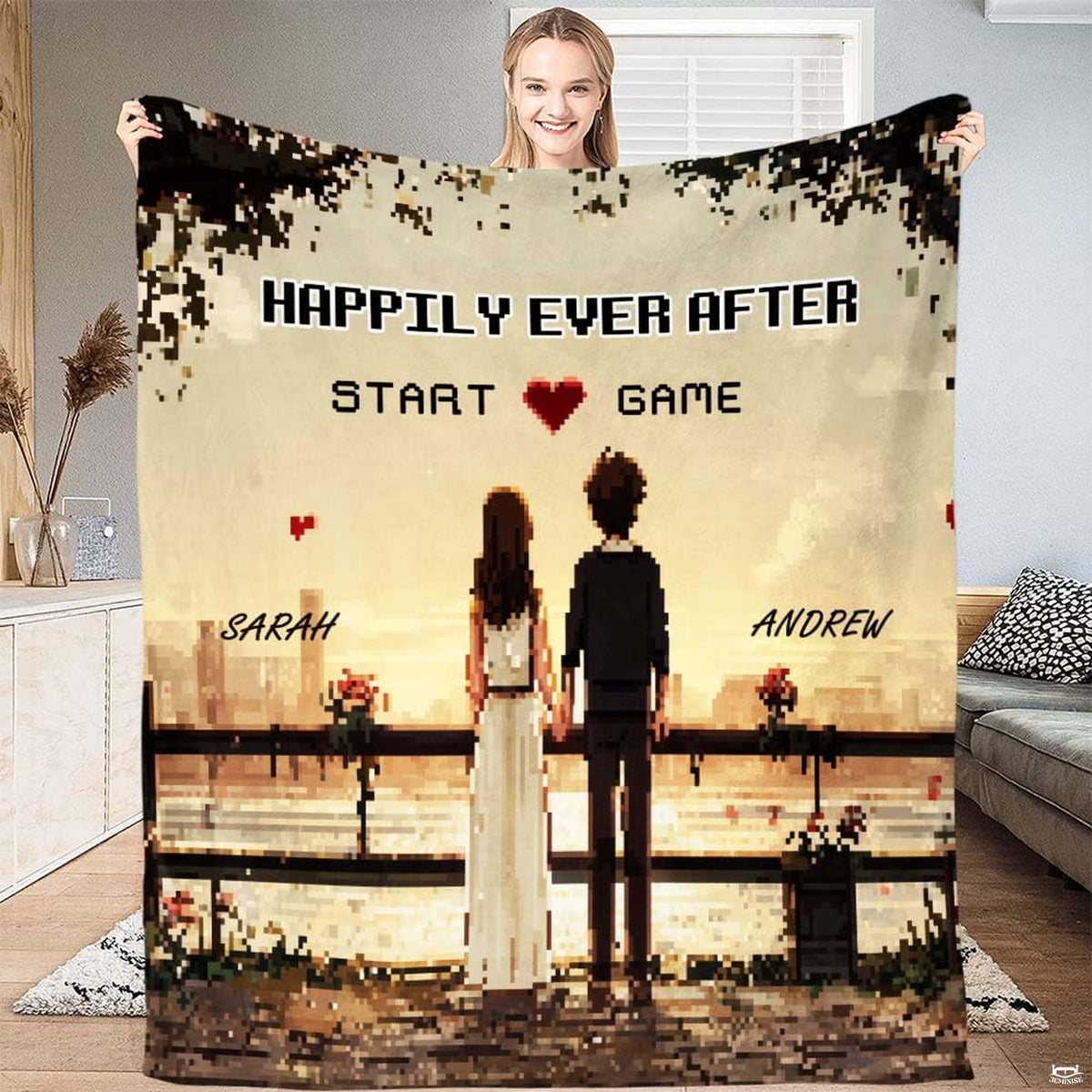 Pixel art bedding set displaying balcony sunset city horizon and romantic couple motif.