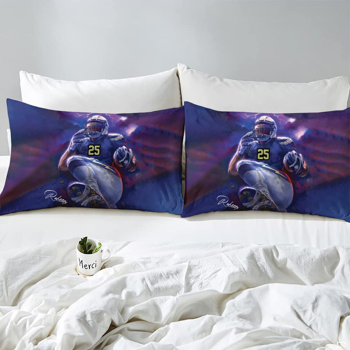 Matching pillow sham detail for football bedding set displaying leaping athlete graphics in bedroom setting