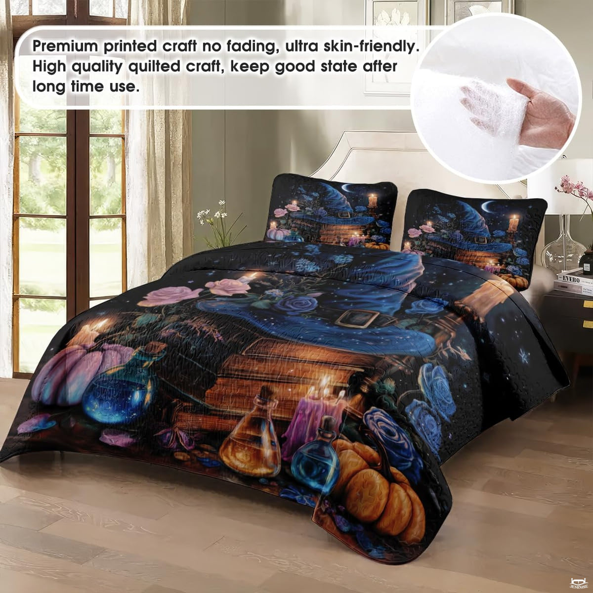 Midnight witch bedding in a softly lit bedroom