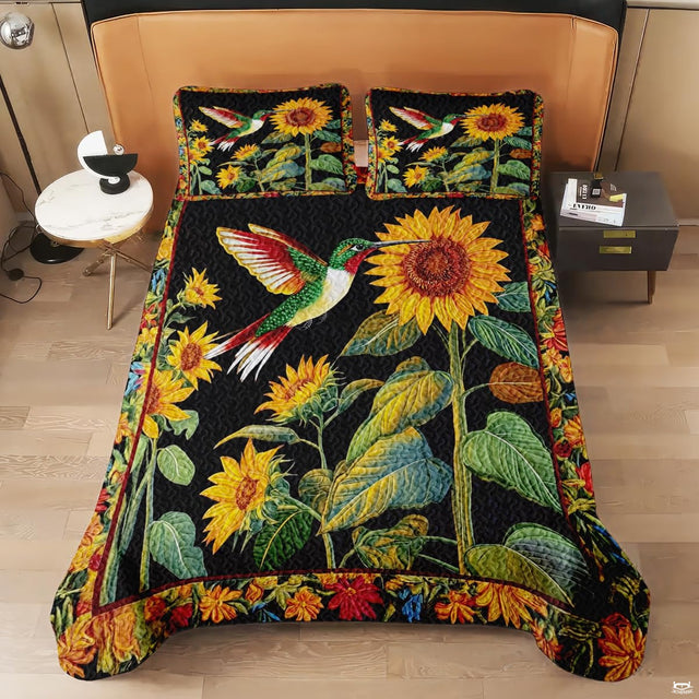 Overhead view of dark sunflower garden and flying hummingbird design