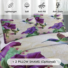Close view of hummingbird and violet flower pillow artwork