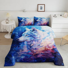 Galaxy wolf bedding mockup with pale blue profile and pink cosmic clouds