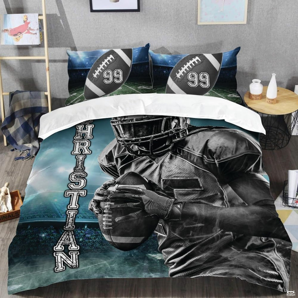 Close-up perspective of sports bedding detailing textured football lacing and athletic collegiate typography