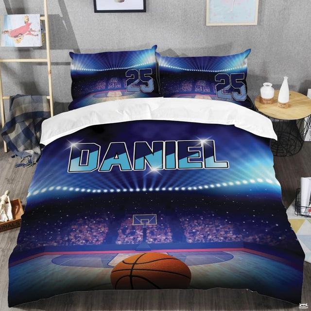 Close-up perspective of sports bedding detailing orange basketball texture, hardwood court reflections, and light beams