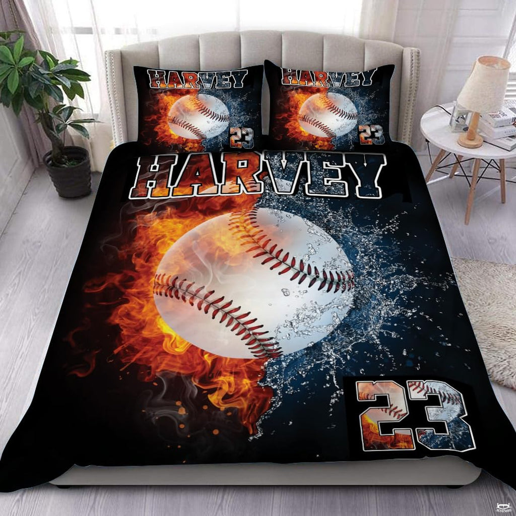 Baseball elements bedding set featuring split fire flames and ice water splash graphic against dark textured background.