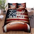 Football bedding featuring Football Is My Life typography and gridiron football over distressed American flag