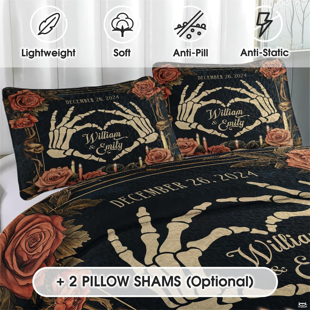 Matching pillow sham detail for gothic bedding set displaying skeletal hands and antique rose floral accents
