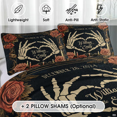 Matching pillow sham detail for gothic bedding set displaying skeletal hands and antique rose floral accents