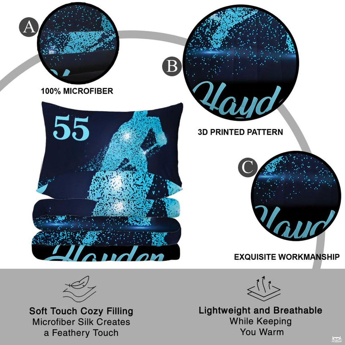 Corner fold view of hockey bedding highlighting sharp cyan graphic printing on dark background