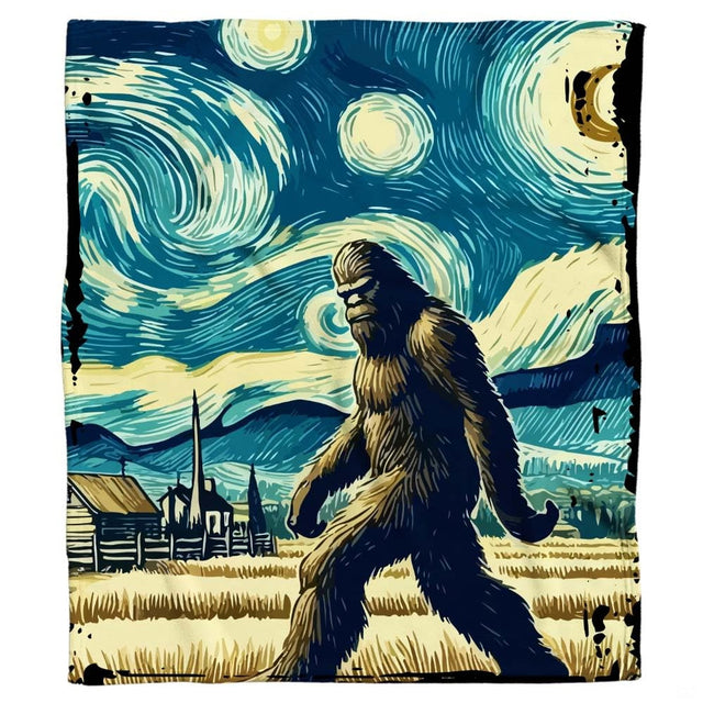 Flat artwork view of Sasquatch walking in field under swirling blue starry sky