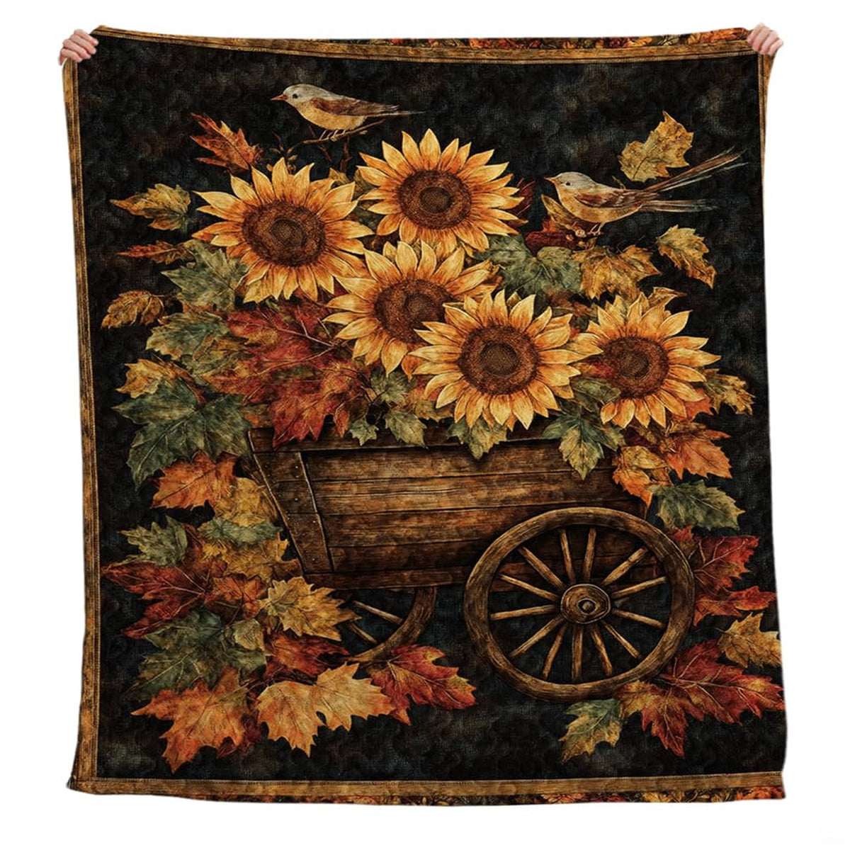 Top-down view of autumn foliage bedding set highlighting golden amber leaf details and terracotta patchwork borders.