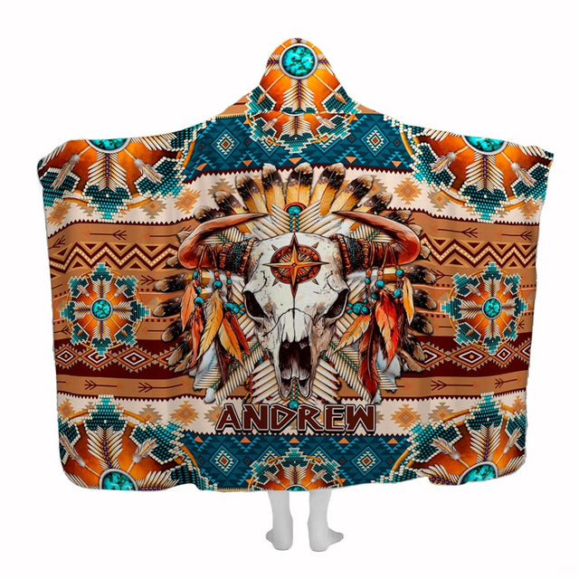 Boho aztec bedding featuring a central steer skull artwork, turquoise beads, and geometric Navajo chevrons.