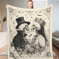 Gothic skeleton bride and groom bedding set with Victorian etching and rose bouquets.
