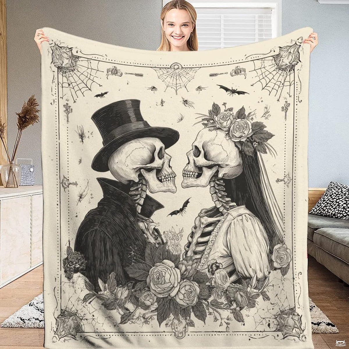 Gothic skeleton bride and groom bedding set with Victorian etching and rose bouquets.