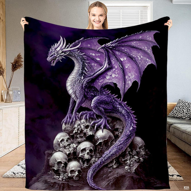 Purple winged dragon perched atop a towering mound of skulls against smoky dark background.