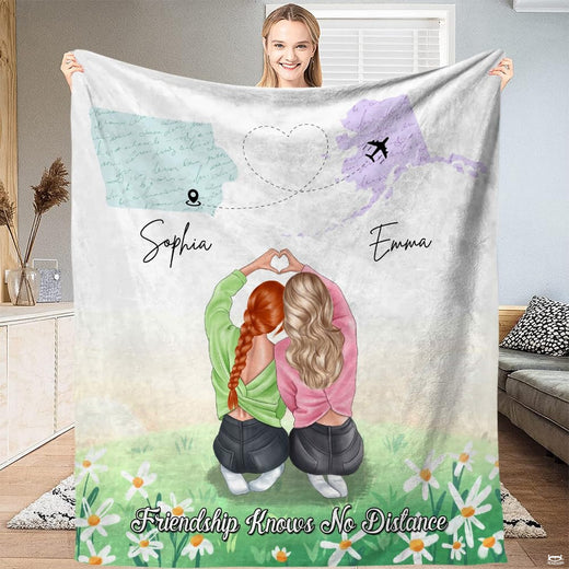 Best friends hand heart gesture over pastel watercolor map on long distance bed design.