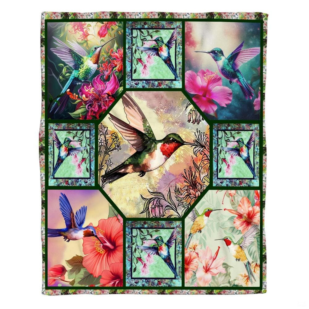 Octagonal central artwork panel showcasing a ruby-throated hummingbird in flight surrounded by lush blossoms.
