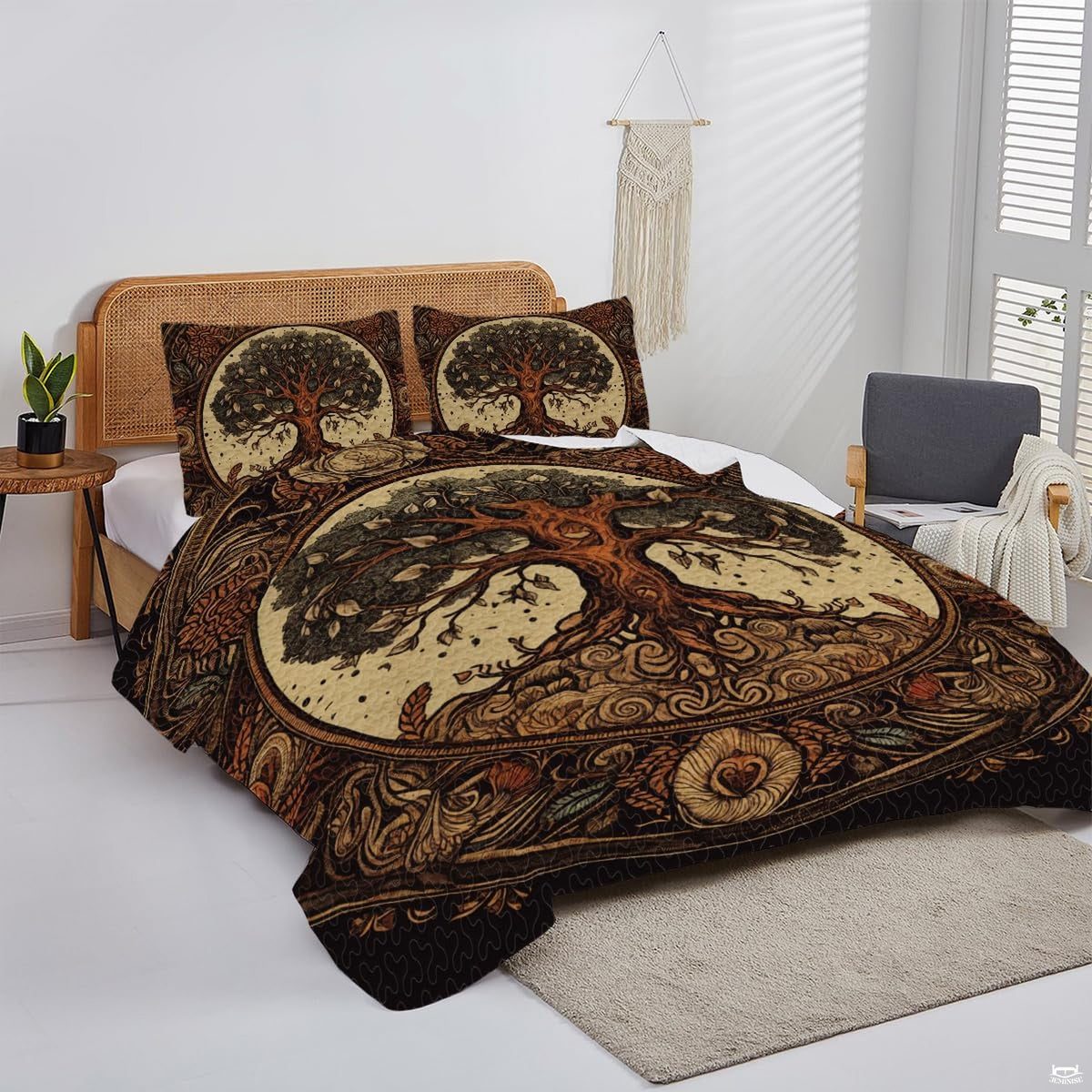 Circular medallion artwork on bedding accentuating an aesthetic bedroom design for boys with earthy tan details.