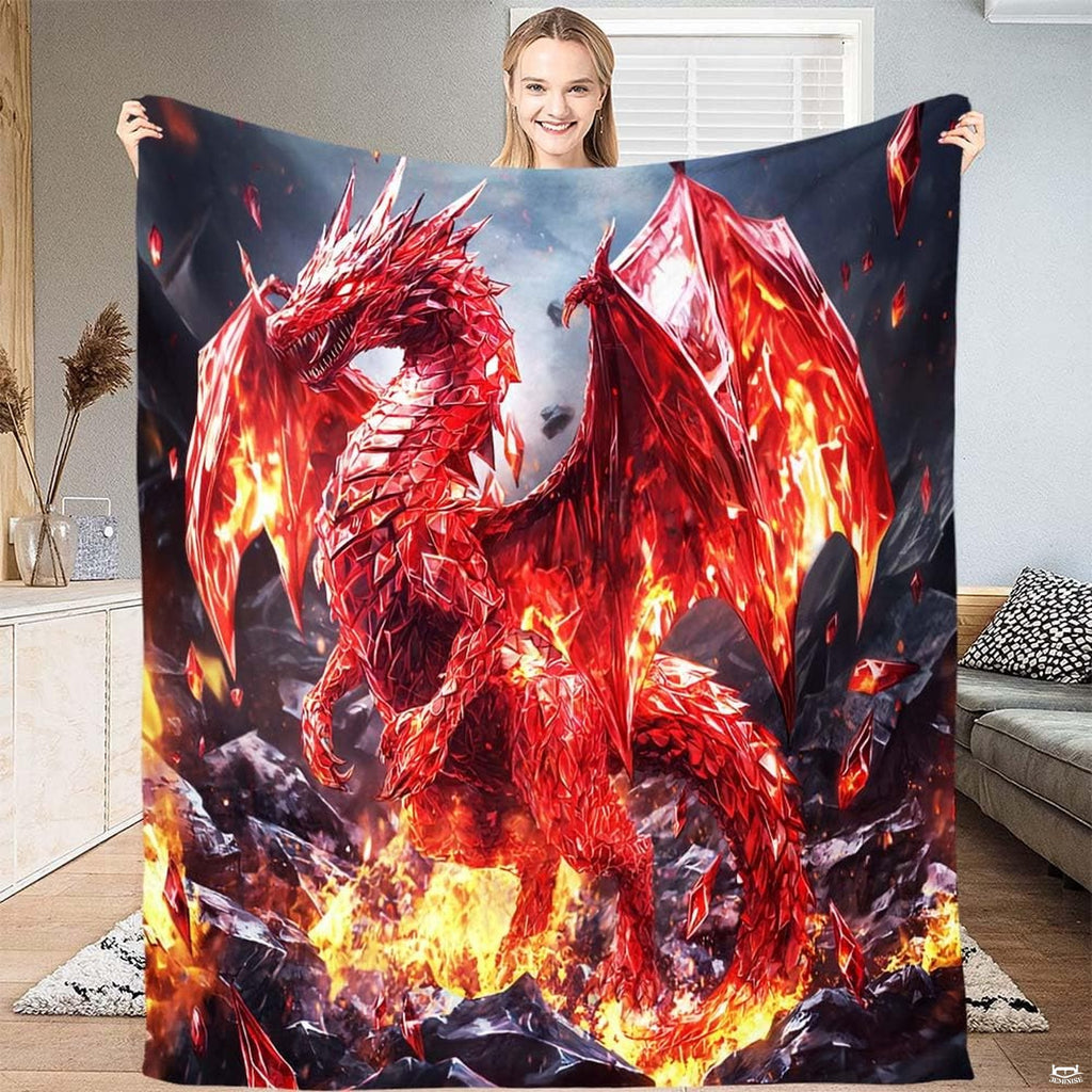 Close-up view of ruby crystal dragon throw blanket highlighting faceted gem scales and glowing flame details.