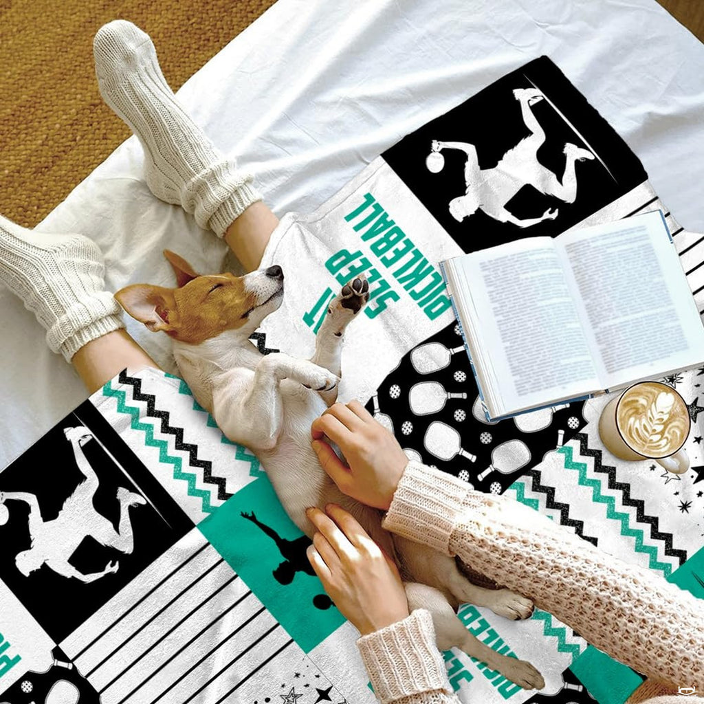 Pickleball patchwork pattern with player silhouettes and teal chevrons, view 7.