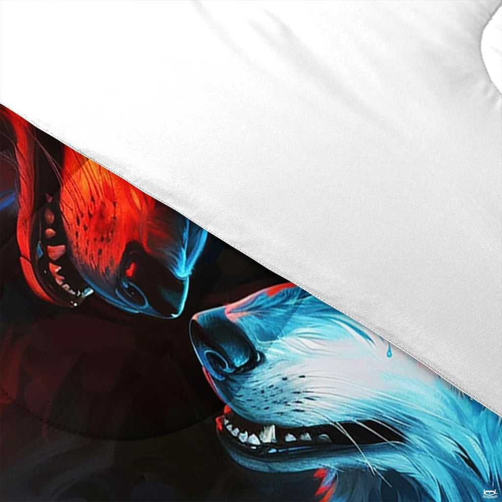 Detail of two wolf noses, visible teeth, red-blue color split, and white reverse