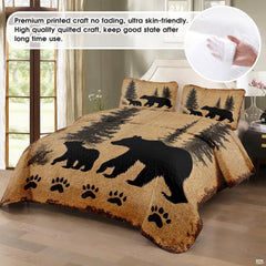Wilderness loft bed cover design featuring bear artwork and pine forest tree silhouettes over beige parchment.