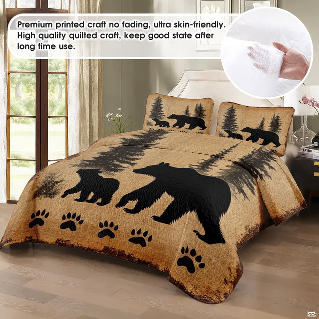 Wilderness loft bed cover design featuring bear artwork and pine forest tree silhouettes over beige parchment.