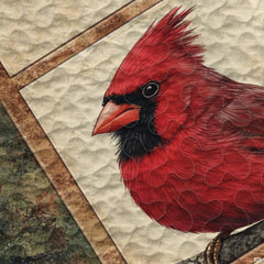 Close-up perspective of cardinal bedding highlighting scarlet red bird plumage, pine needles, and holly sprigs