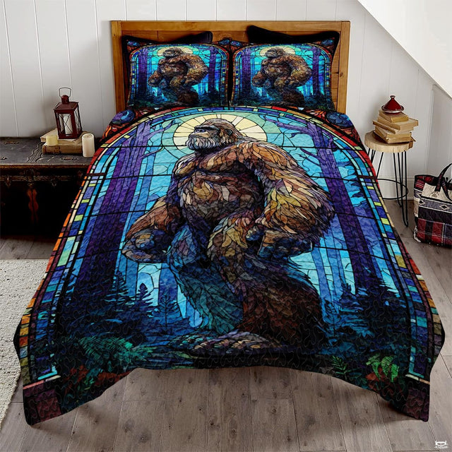 Alpine turquoise Bigfoot Sasquatch woodland bedding set displayed on a bed in a rustic mountain lodge