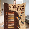 Monarch butterfly scripture blanket held upright displaying two-tone panels and acrostic affirmations