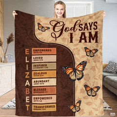 Monarch butterfly scripture blanket held upright displaying two-tone panels and acrostic affirmations