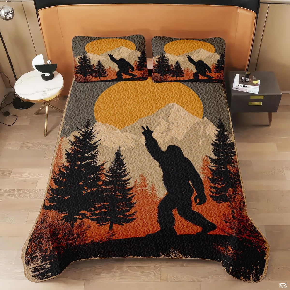 Full bedroom display of golden amber Bigfoot bedding styled with outdoor cabin room decor accents