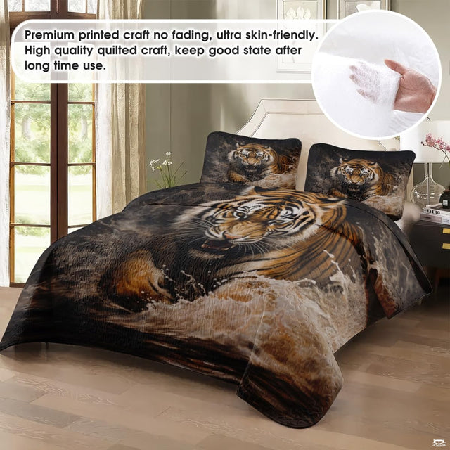Tiger water scene bedding displayed in a bright bedroom