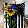 Sunflower Thin Blue Line American flag graphic blanket held upright
