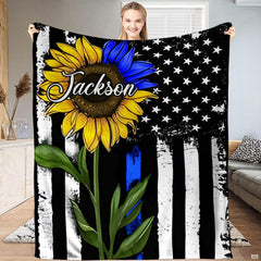 Sunflower Thin Blue Line American flag graphic blanket held upright