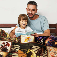 Home library styling with fantasy book dragons collage blanket