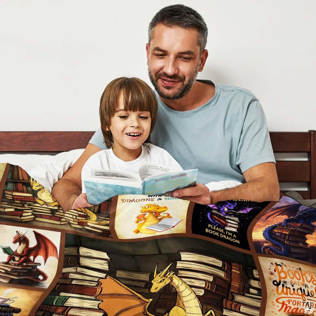 Home library styling with fantasy book dragons collage blanket