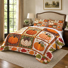 Close-up of gingham check and floral pumpkin artwork on an autumn harvest bedding set