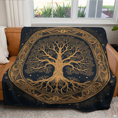 Celtic Tree of Life throw blanket laid neatly over contemporary bed with gold accent cushions