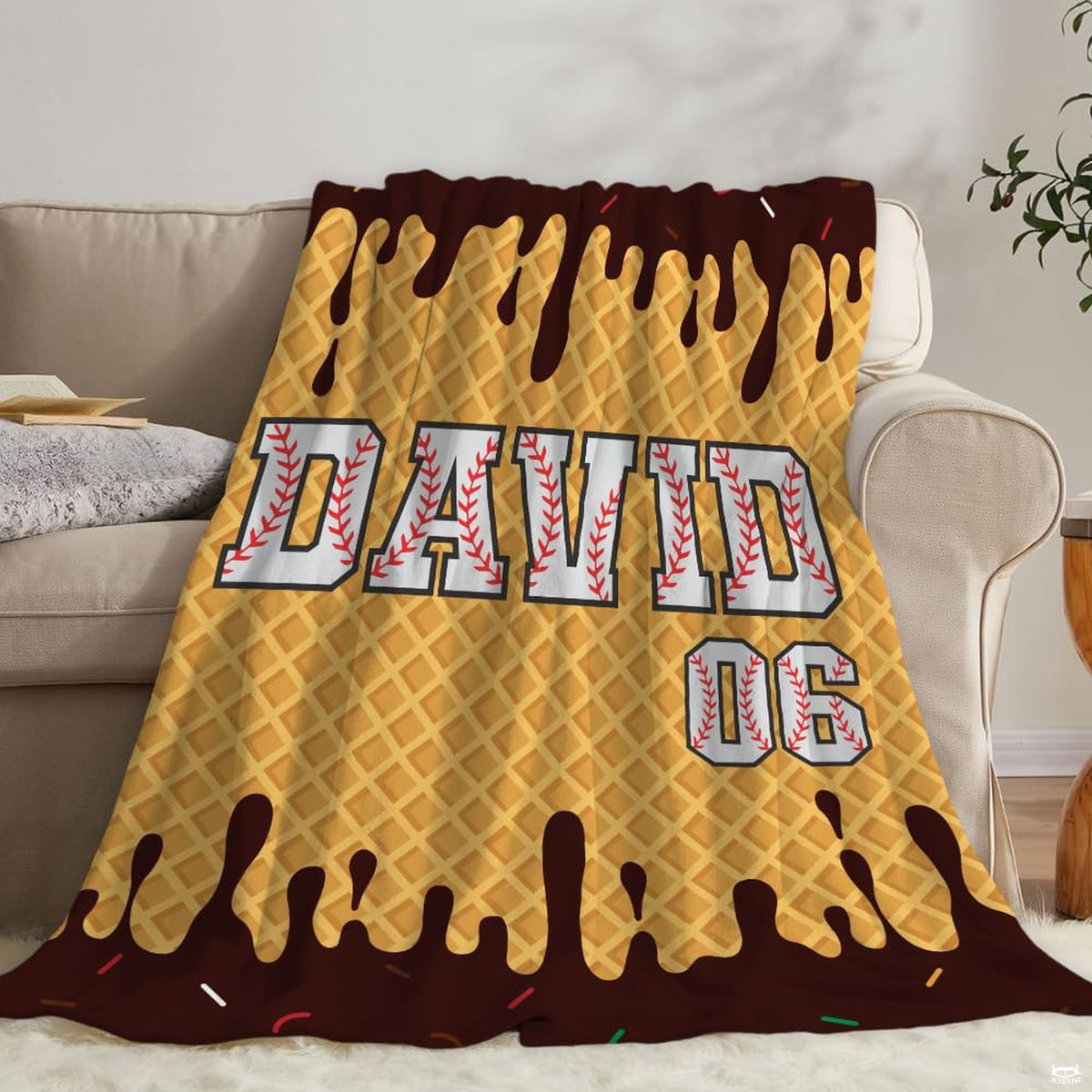 Waffle cone pattern with dripping chocolate and baseball-laced varsity lettering, view 7.