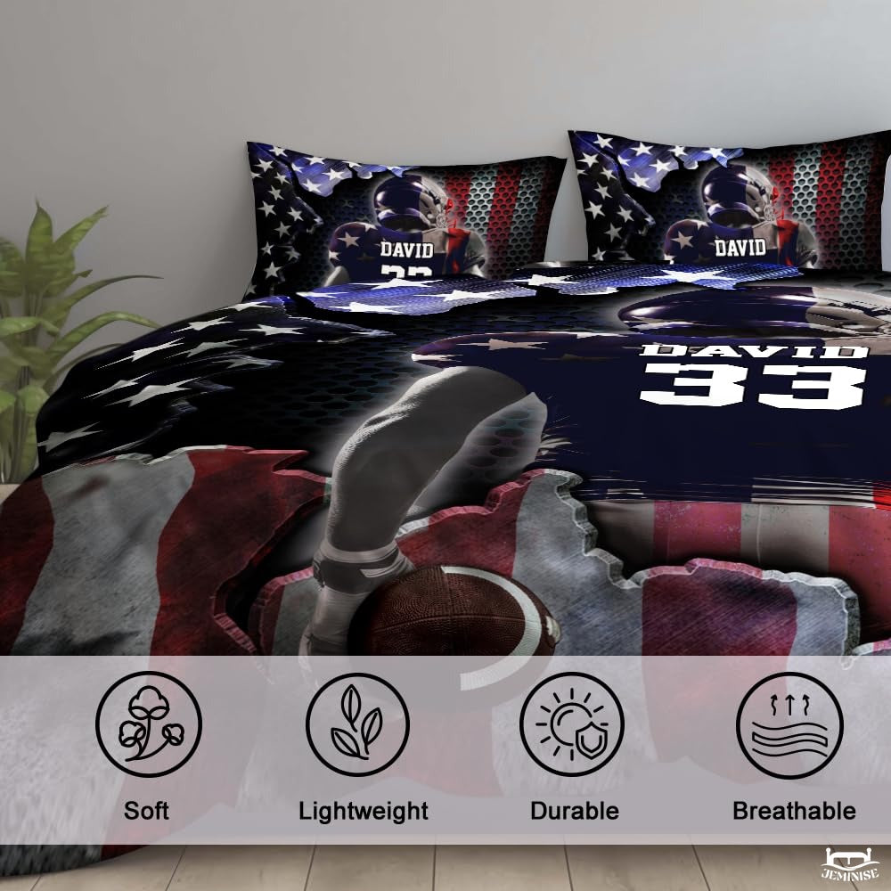 Custom Football Player with American Flag Background Comforter