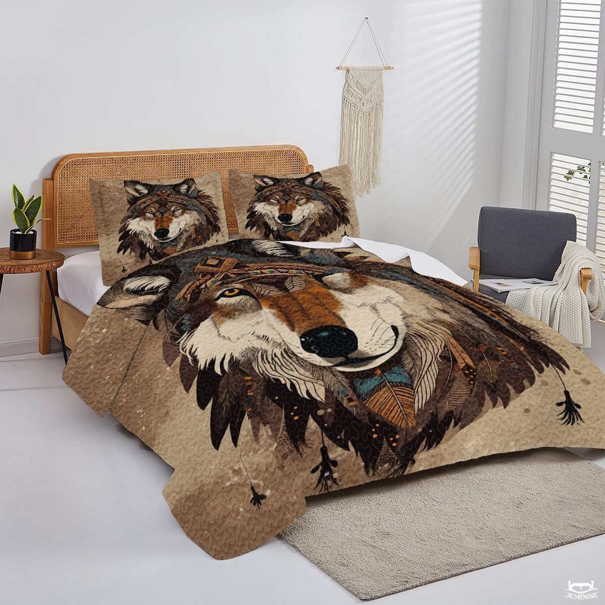 Custom Wolf Wearing Headdress Centered Close Up Comforter with Wolf Head