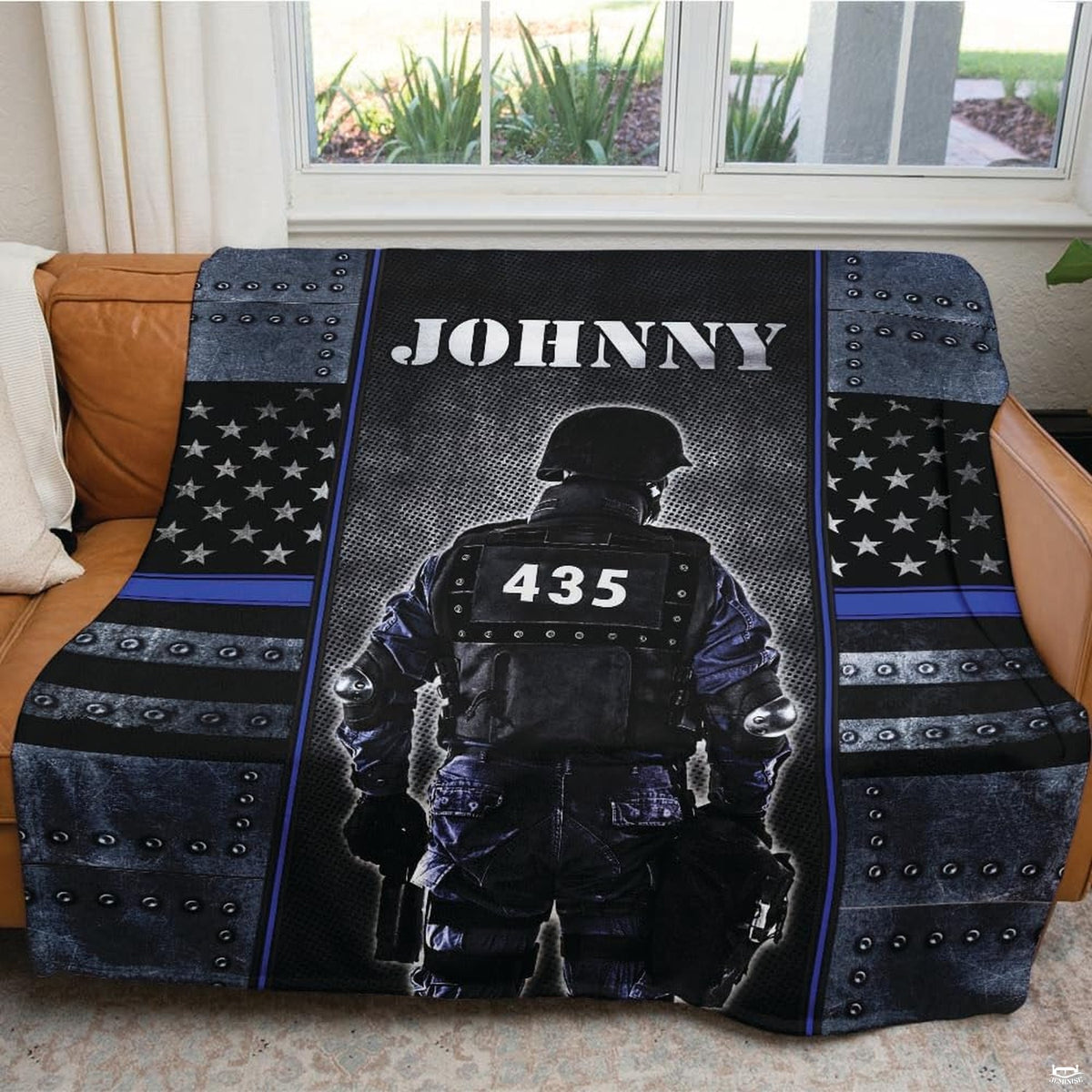 Industrial armor police tribute blanket draped over armchair