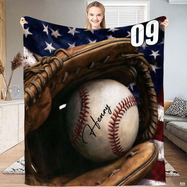 Patriotic baseball glove flag throw blanket view 2 highlighting fielding glove artwork and sports room styling