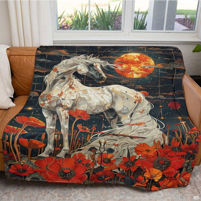Woman holding open Art Nouveau stained glass horse throw blanket in modern living room