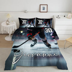 Ice hockey bedding featuring dynamic low-angle action shot of skates slicing ice with sprayed frost