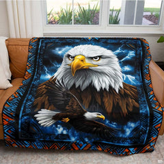Lightning storm bald eagle portrait throw blanket view 5 detailing eagle feathers and border